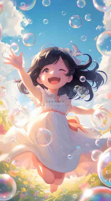 春天夏天女孩草地玩耍,阳光白云气泡可爱插画 春天夏天女孩草地玩耍,阳光白云气泡可爱插画