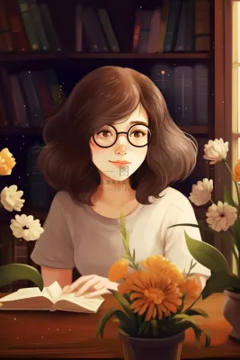 戴眼镜教师书籍鲜花暗黄色背景 戴眼镜教师书籍鲜花暗黄色背景