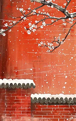 红色宫墙高处梅花枝条小雪大雪冬至古风中国风插画背景 红色宫墙高处梅花枝条小雪大雪冬至古风中国风插画背景