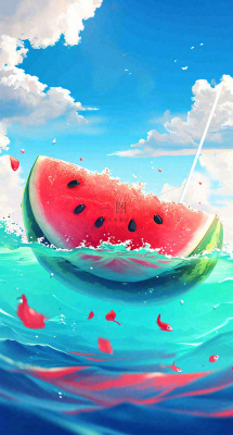 夏天海洋海面水面西瓜水果冰霜清凉，夏至小暑