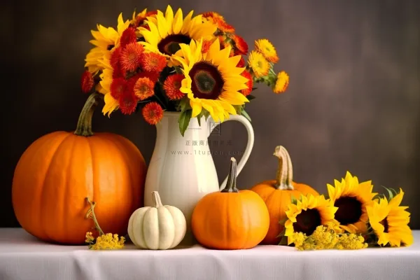 餐桌桌布上花瓶的向日葵菊花金黄色南瓜摄影图