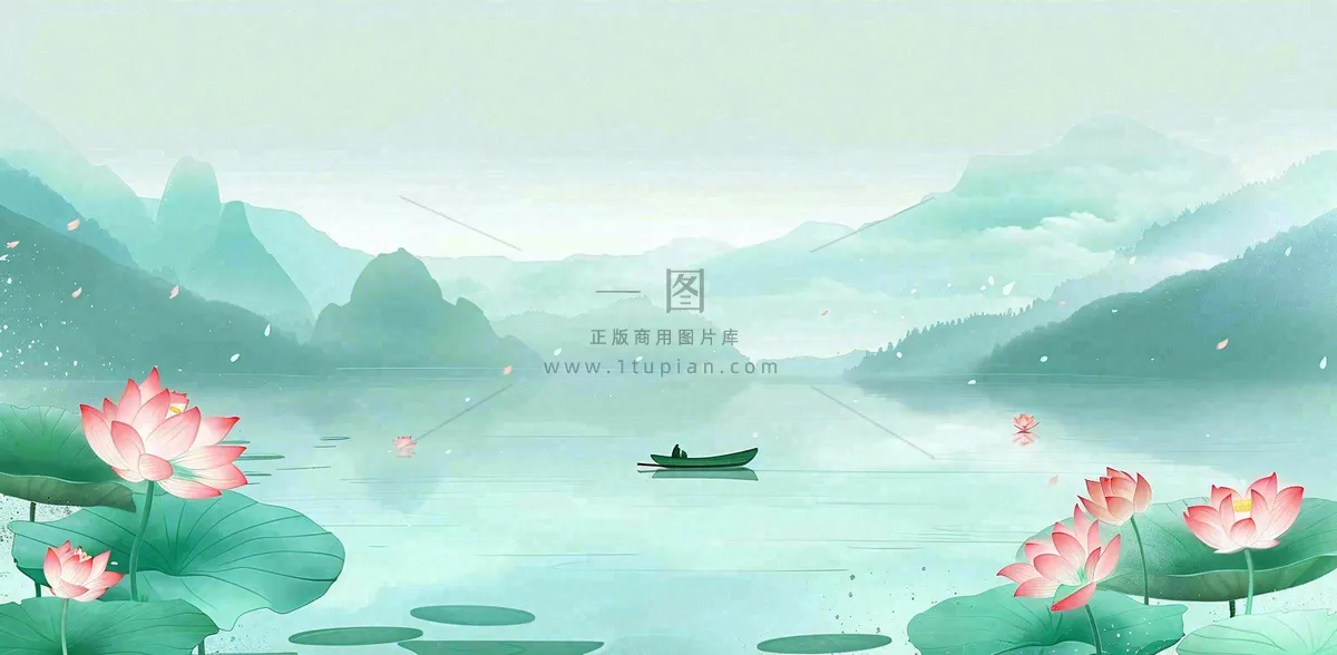 夏天山水荷花莲花清凉淡雅绿色中国风插画夏至大暑小暑背景