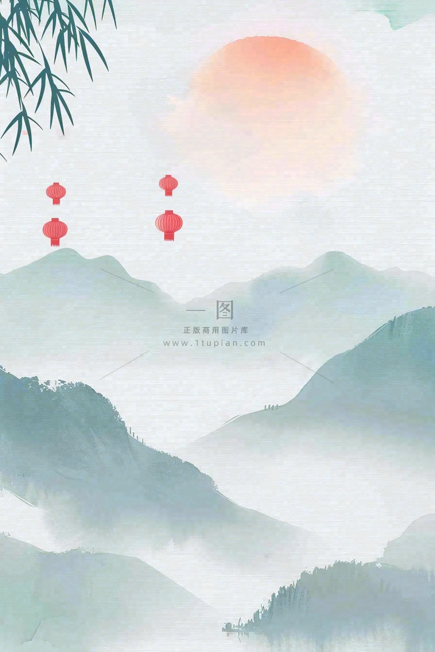 古风山水水墨画柳树柳条日出燕子惊蛰清明端午插画背景
