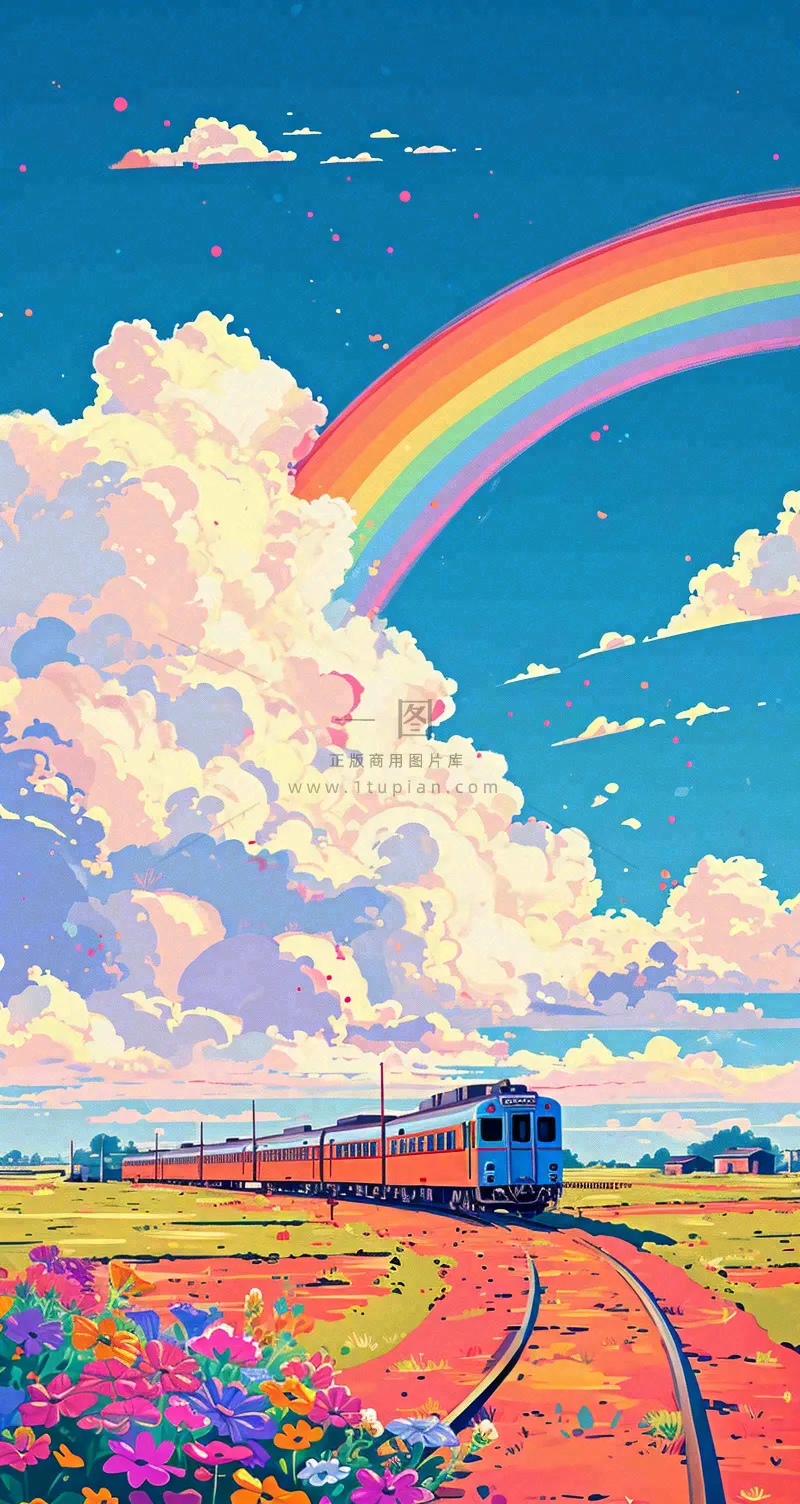 彩色绚丽彩虹蓝天白云铁路火车动车手绘插画