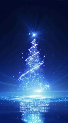 夜晚蓝色星空下发光的圣诞树梦幻平安夜插画背景