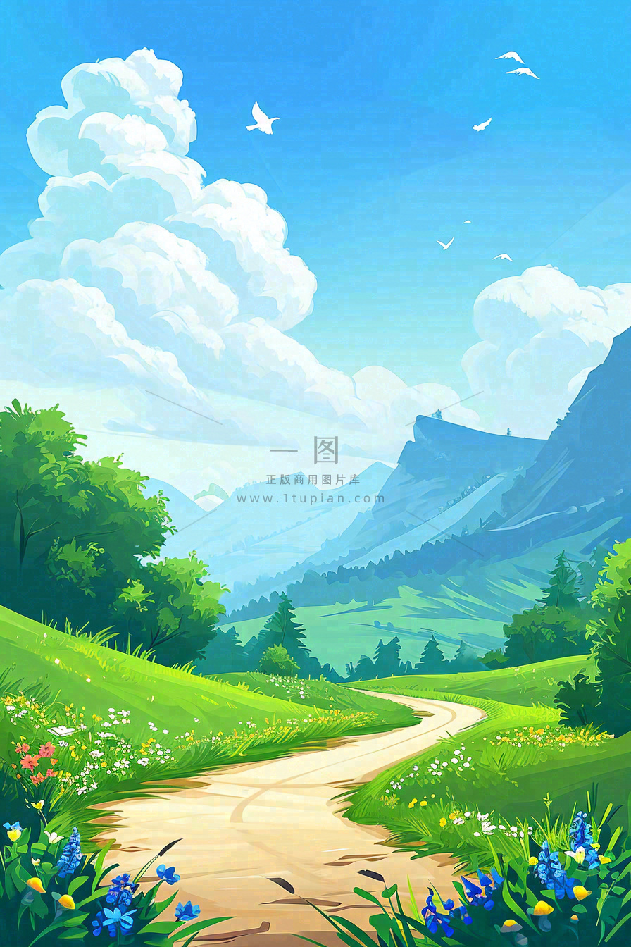 春天郊外旅行蓝天白云清新草地手绘,春分