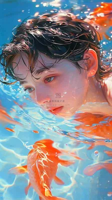 阳光泳池游泳人物男女，金鱼水面海上，反光色彩摄影图