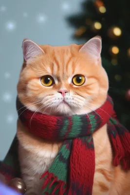 一只围着围巾的可爱猫咪橘猫圣诞氛围摄影图