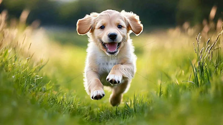 草丛里飞奔的金毛小狗宠物动物摄影图