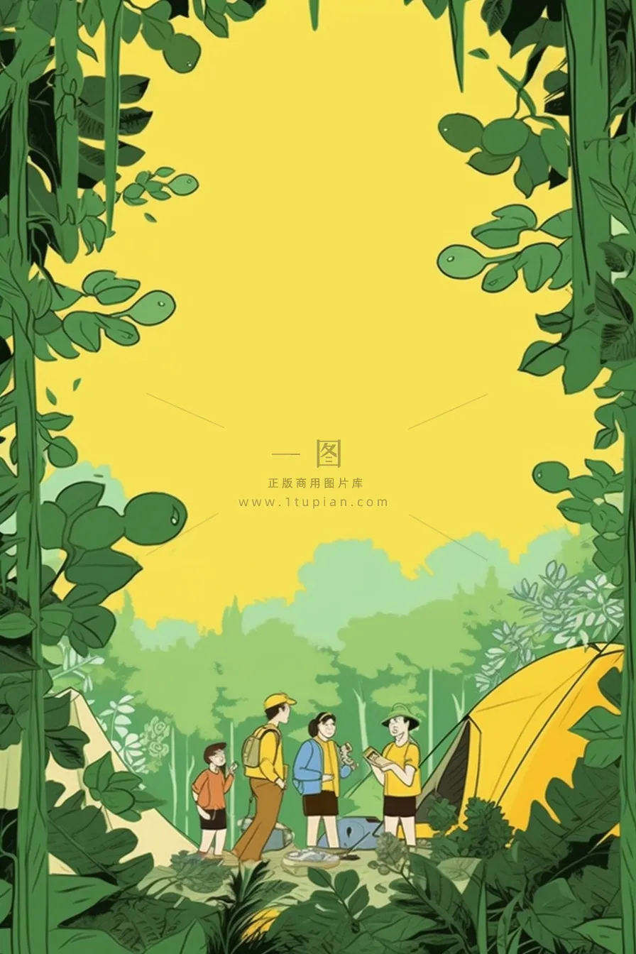 亲子露营野营游玩绿色插画背景
