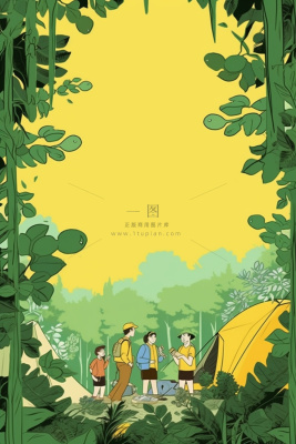 亲子露营野营游玩绿色插画背景 亲子露营野营游玩绿色插画背景
