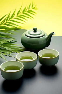 绿色茶壶茶杯植物浅绿背景墙摄影图
