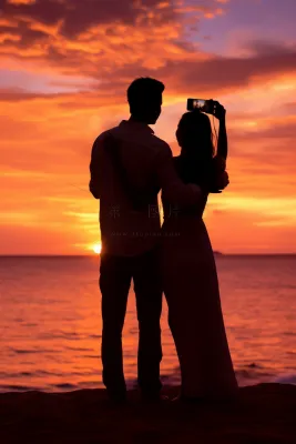 夕阳落日海边的情侣拍照唯美晚霞摄影图
