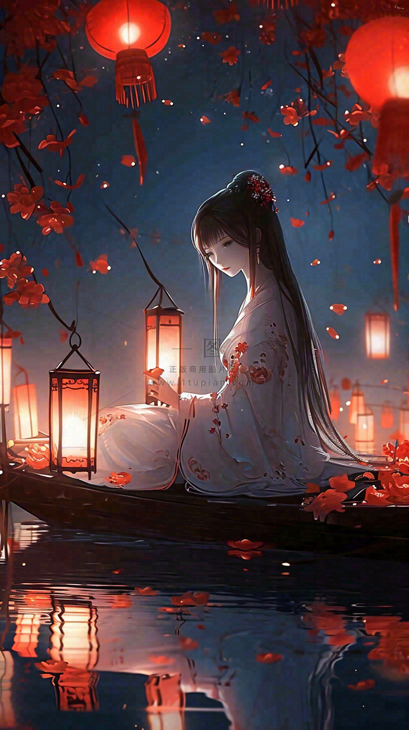古风夜晚湖边少女灯笼意境水面