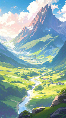 阳光春天细长流水山脉村庄小屋草坪,春分,旅行露营 阳光春天细长流水山脉村庄小屋草坪,春分,旅行露营