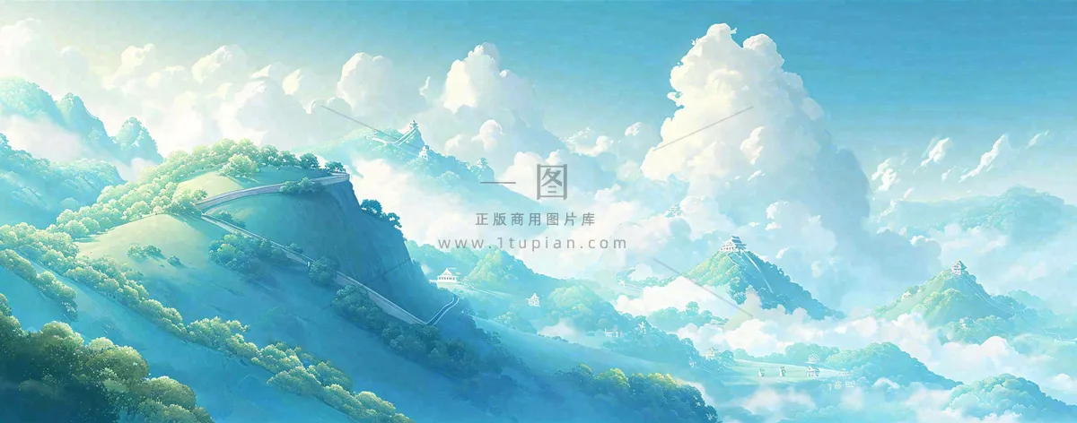 崇山峻岭高山白云中国风插画长城风景