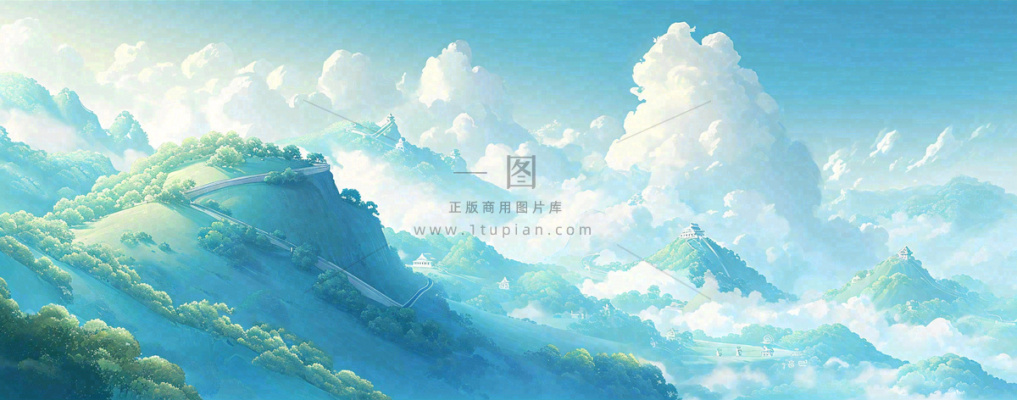 崇山峻岭高山白云中国风插画长城风景 崇山峻岭高山白云中国风插画长城风景