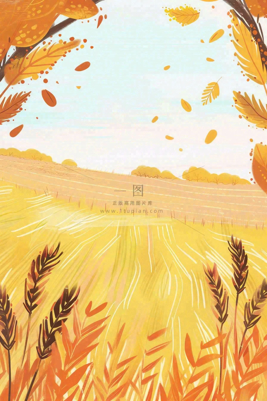 秋天金黄的麦田小麦黄树秋风丰收的季节立秋秋分卡通插画背景