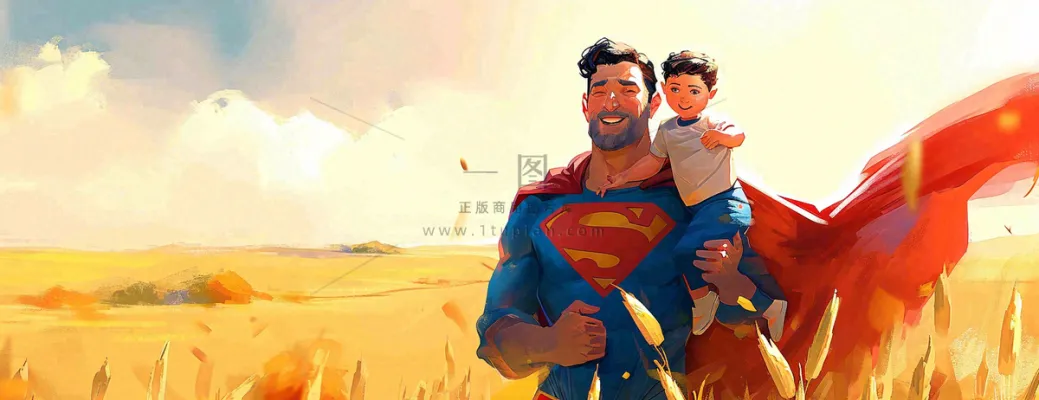秋天麦田里的超人爸爸,父亲节父爱温馨,陪伴孩子插画 秋天麦田里的超人爸爸,父亲节父爱温馨,陪伴孩子插画