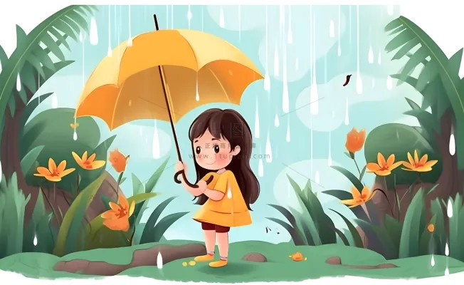 春天下雨天小女孩拿着雨伞在森林里漫步绿色黄色手绘插画海报素材背景