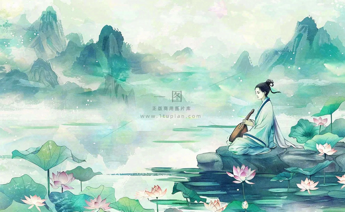 古风屈原人物山水画荷花端午时节中国风水墨插画背景