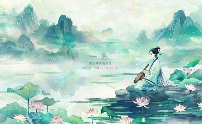 古风屈原人物山水画荷花端午时节中国风水墨插画背景 古风屈原人物山水画荷花端午时节中国风水墨插画背景