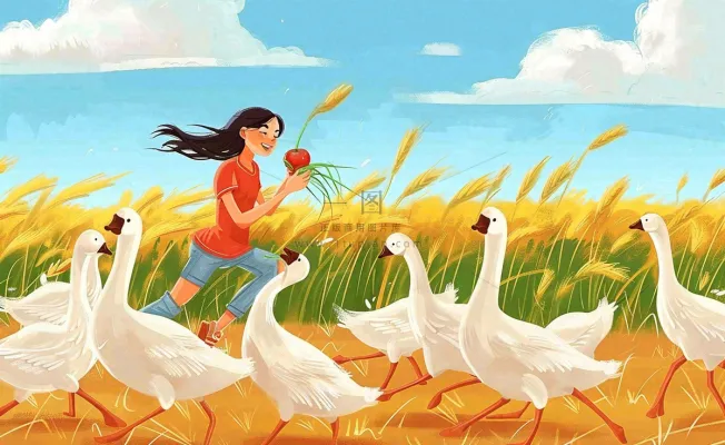 秋天丰收农田女孩赶鸭鹅农活农忙欢乐金色麦田秋分立秋芒种卡通插画背景