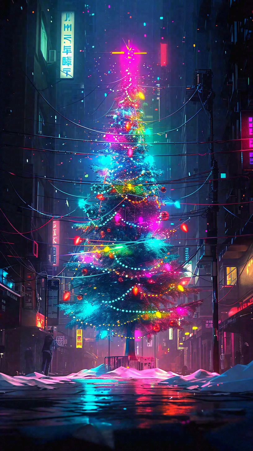 炫酷圣诞彩色缤纷圣诞树节日,夜晚街道建筑,暗黑