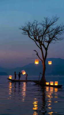 夜晚点灯孔明灯祈福中元节寒衣节插画背景 夜晚点灯孔明灯祈福中元节寒衣节插画背景