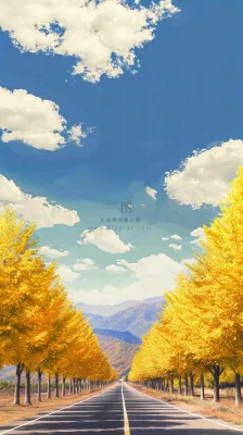 秋天蓝天白云下唯美公路旁的黄叶树木，秋分处暑摄影图