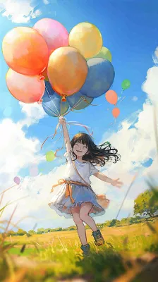 一个可爱的小女孩手里牵着彩色气球在草地上奔跑夏天,儿童节 一个可爱的小女孩手里牵着彩色气球在草地上奔跑夏天,儿童节