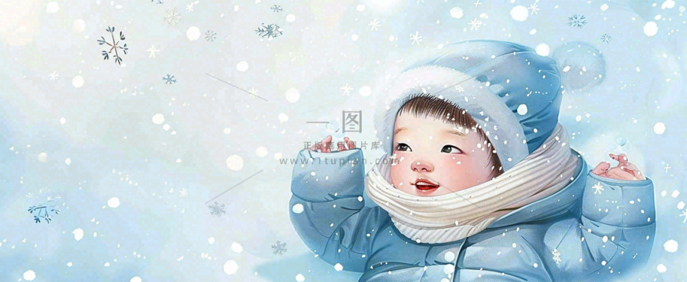 冬季雪地里玩耍的男孩堆雪人可爱卡通插画小雪大雪小寒大寒背景