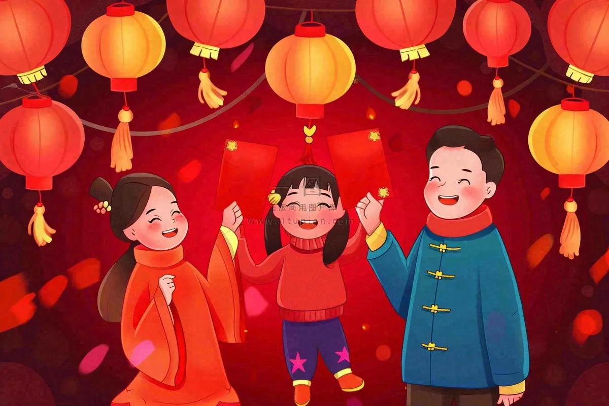 新年春节一家人出游红灯笼红包除夕元宵节红色卡通插画背景