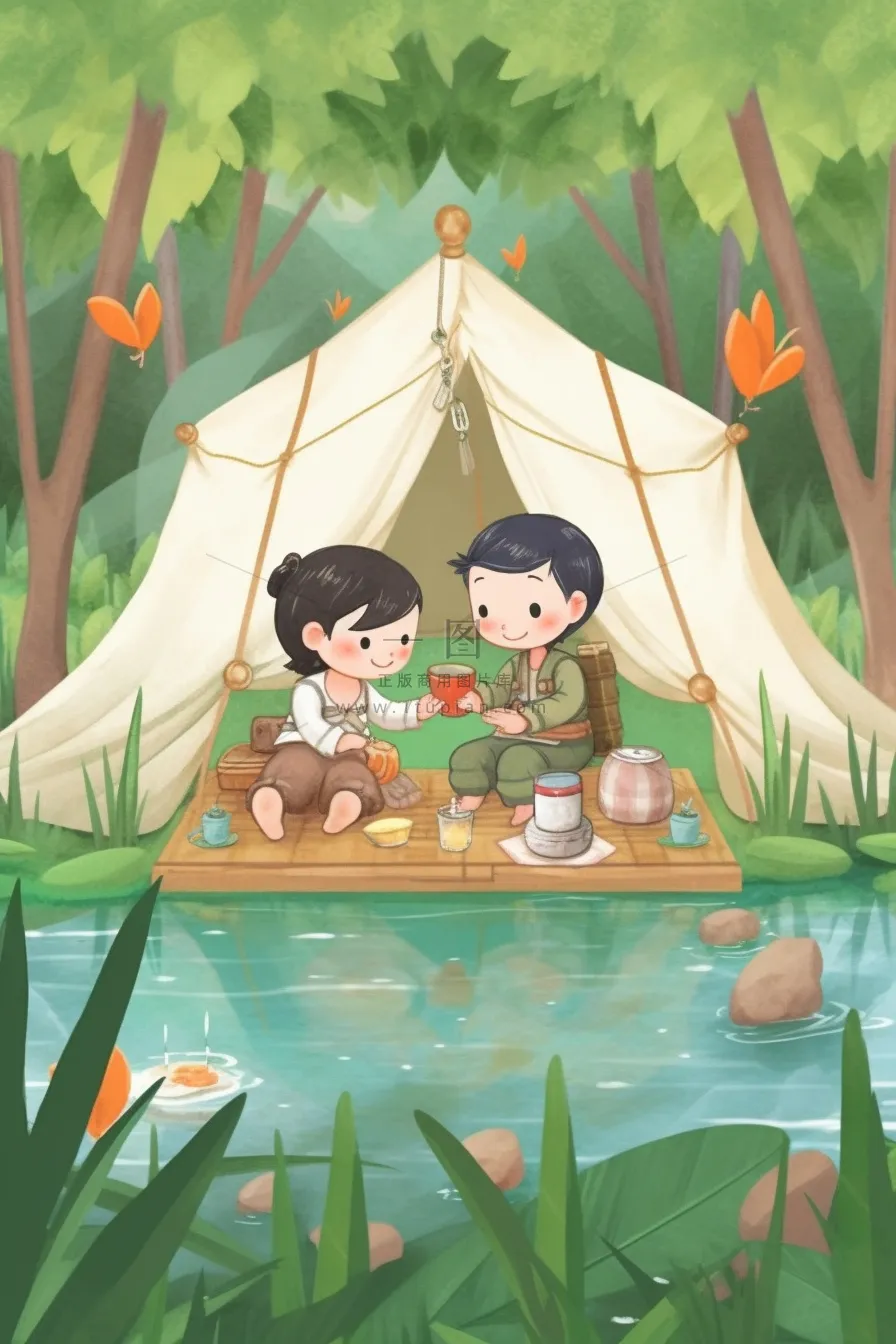 清新露营野营插画可爱背景