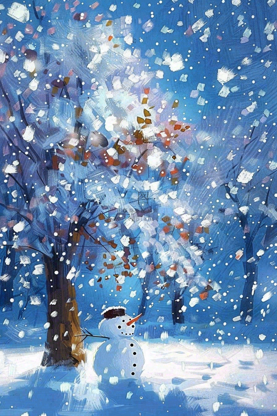 冬天夜晚大雪雪花飘零大树下的雪人唯美雪景插画大雪小雪背景