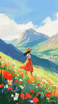 春天山脉草坪花海上穿裙子的女孩油画手绘插画，清新浪漫，踏青春游