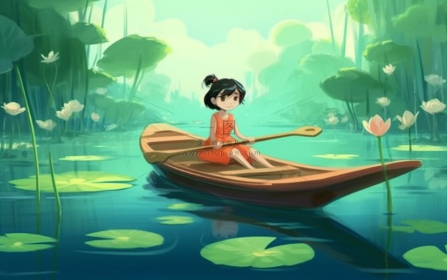 湖泊划船睡莲风光插画背景 湖泊划船睡莲风光插画背景