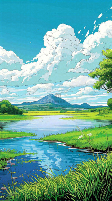 春天阳光灿烂远处的高山和田野春意盎然手绘卡通画