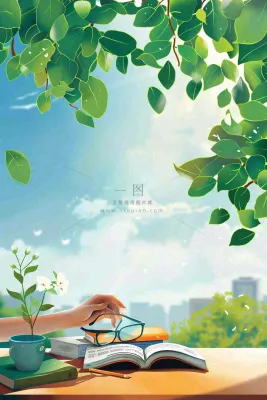 绿色大自然窗户书桌阅读世界读书日背景