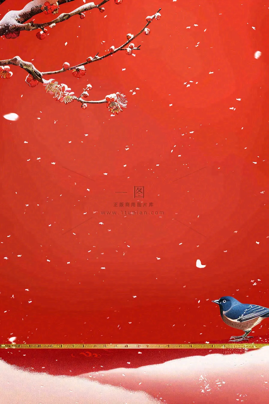 冬天红色宫墙背景梅花树枝小鸟白雪大雪冬至小年新年春节插画背景