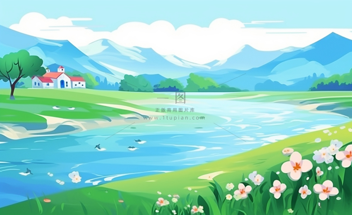 乡村村庄美丽风景河流插画农田插画背景