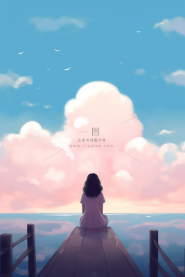 夏日海边云彩天空女孩坐着码头卡通插画素材背景 