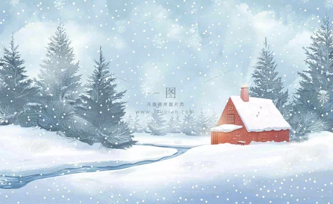 冬天雪景河流森林小屋白雪皑皑小雪大雪冬至立冬水彩画卡通插画背景