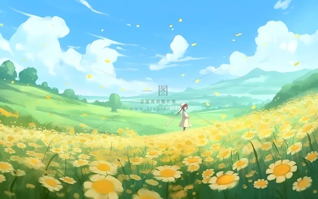 蓝天白云草坪草原人物黄色花朵手绘插画海报素材背景 蓝天白云草坪草原人物黄色花朵手绘插画海报素材背景