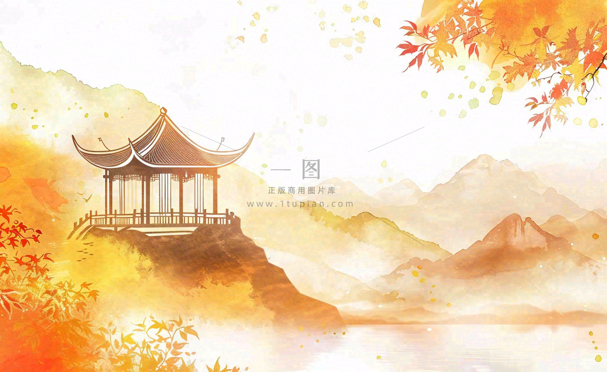 唯美古风建筑枫叶亭子秋天植物山水风景立秋处暑秋分中国风水彩手绘背景