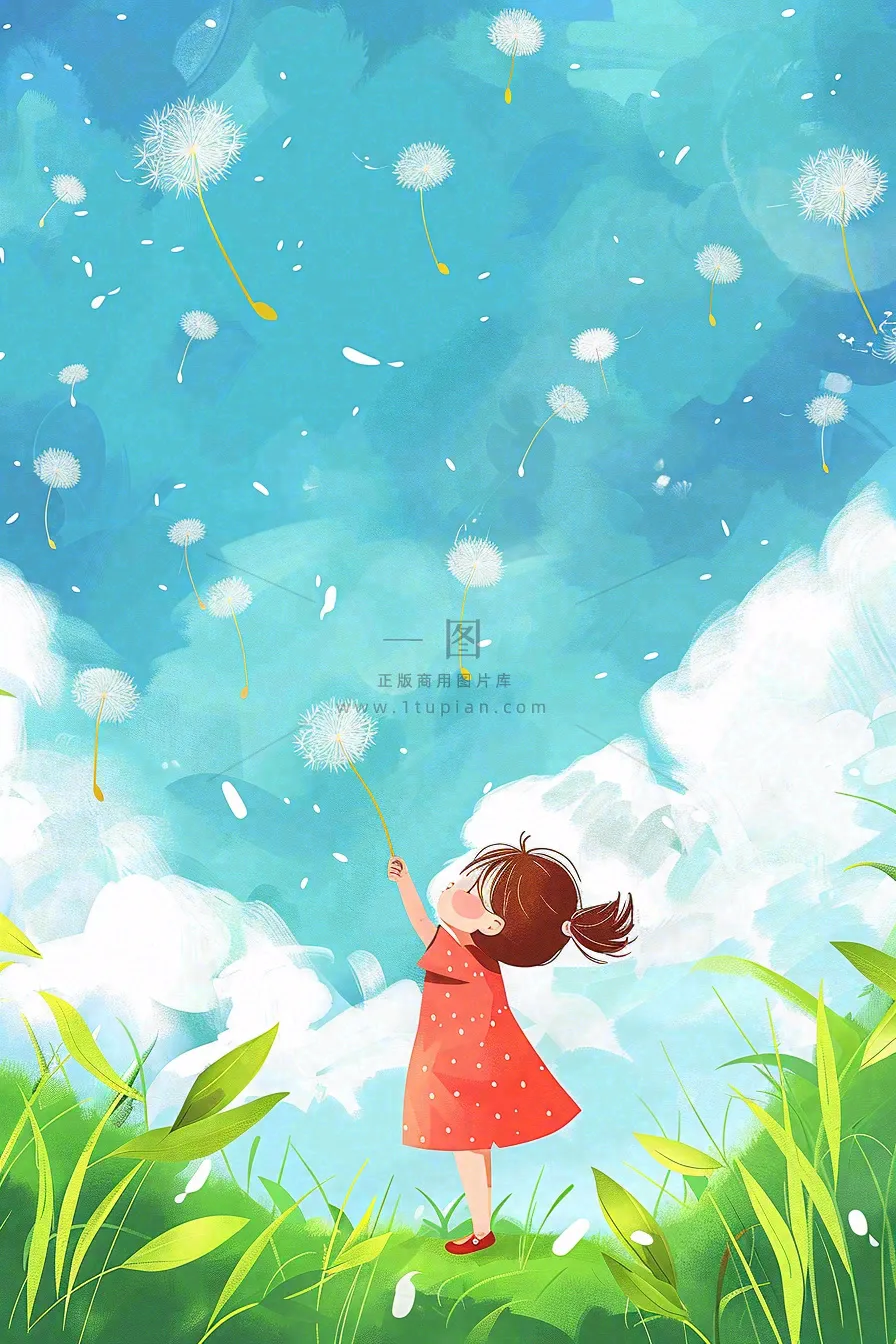 春天蒲公英绿草地蓝天白云红裙子女孩小清新唯美立春春分惊蛰立夏卡通插画背景