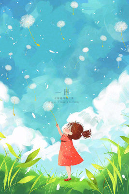 春天蒲公英绿草地蓝天白云红裙子女孩小清新唯美立春春分惊蛰立夏卡通插画背景 春天蒲公英绿草地蓝天白云红裙子女孩小清新唯美立春春分惊蛰立夏卡通插画背景