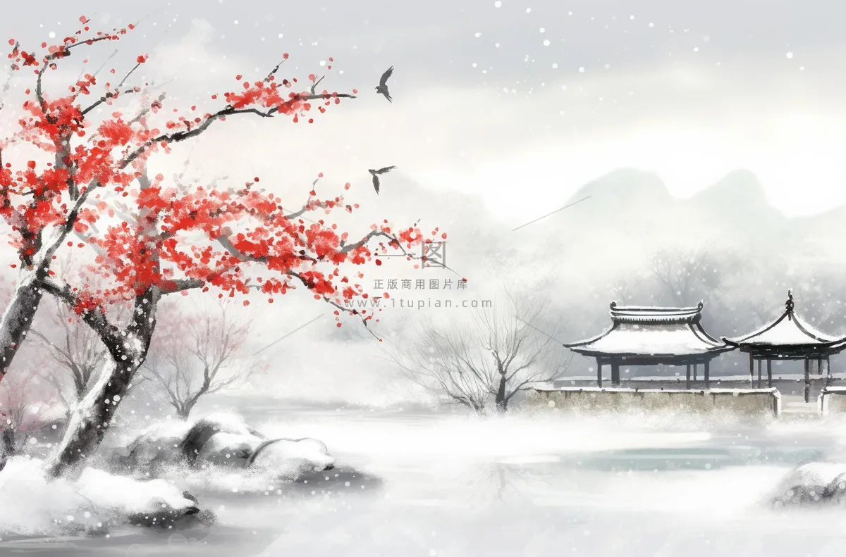 冬季山水梅花山峰水墨画中国风插画背景