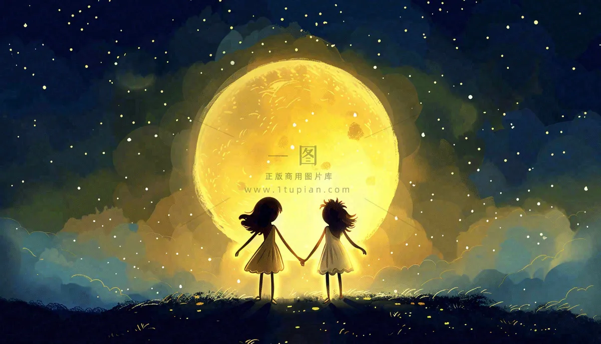 中秋满月小孩手拉手赏月治愈梦幻唯美月亮夜晚水彩插画背景