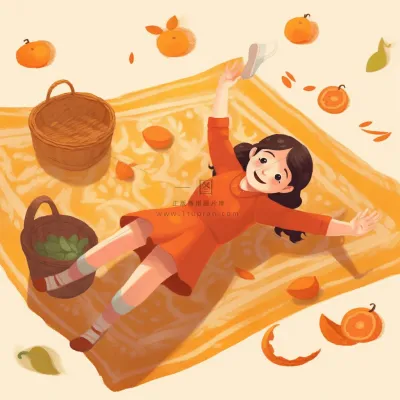 野餐垫上的女孩水果玩耍开心橙色插画素材背景